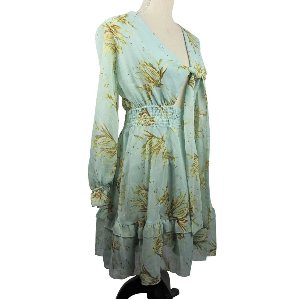 Floral Boho Long-Sleeve Tie-Front Ruffle Dress Size XL Light Green Boho - Picture 4 of 7